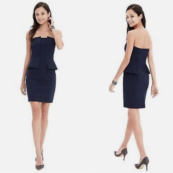 NWT Banana Republic Navy Blue Textured Strapless Peplum Dress Size 4 Tall - Picture 1 of 5
